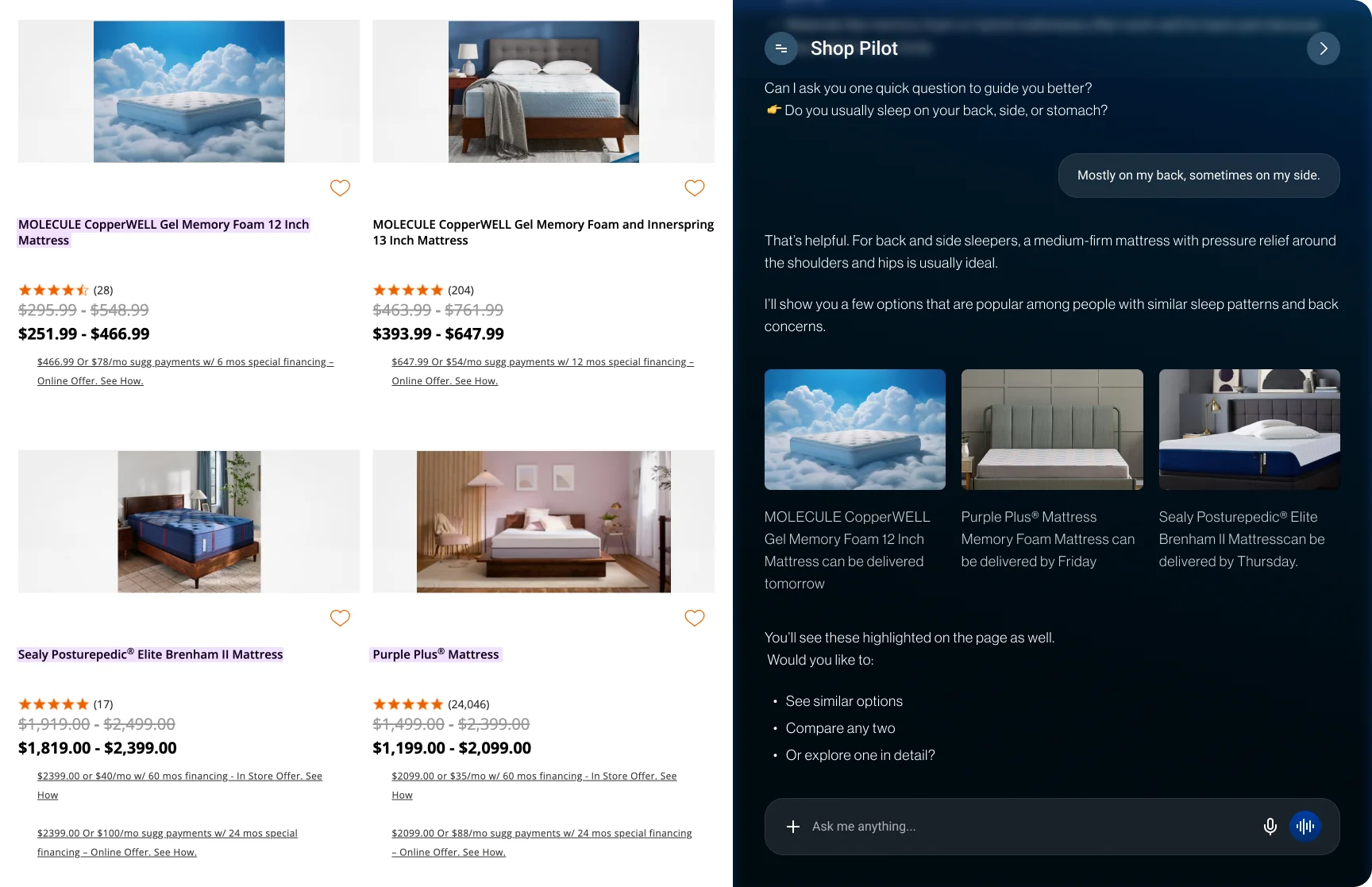 Shop Pilot chat recommending mattresses tailored to a back/side sleeper